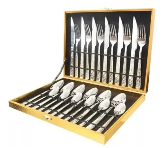 Jogo Faqueiro Inox 24 Peças C/ Detalhes Dourado + Maleta z1280 a