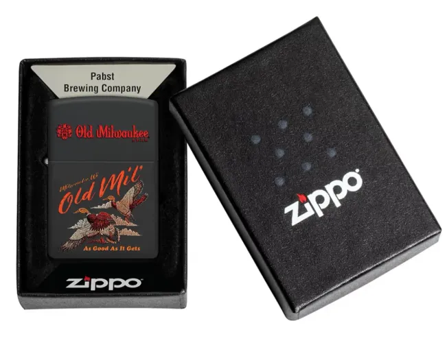 Zippo Isqueiro de bolso preto fosco Old Milwaukee Duck Hunt