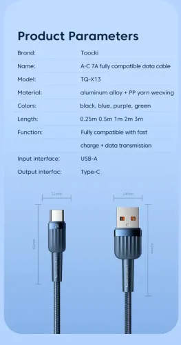 2m Cabo Toocki A-C 100w / 7A Azul Compatível com Carregamento Rápido