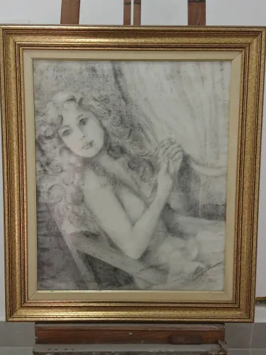 Quadro Decorativo Feminino desenhado em giz pastel com em Tons de Cinza 52 cm x 62 cm