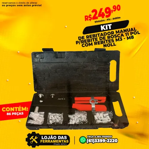 Kit de Rebitador Manual Para Rebite de Rosca 11 Pol Com Rebites M3 - M8 86 Peças Noll