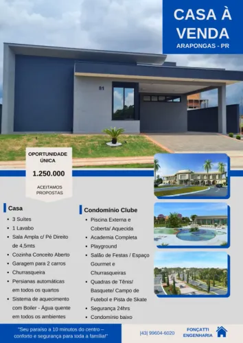 Casa incrível em condomínio clube / Gran Residence - Arapongas, PR. 3 Suítes