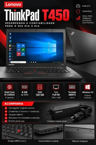 Notebook Lenovo ThinkPad T450 Core i5, 8GB RAM, SSD 120GB Full HD