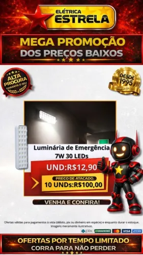 Luminária de Emergência LED 7W 30 LEDs - Promoção Especial Elétrica Estrela