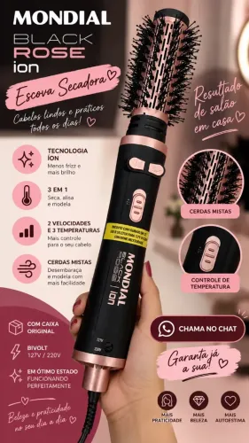 Escova Rotativa Mondial Black Rose Bivolt 1200w Preto Rosa ERB-01