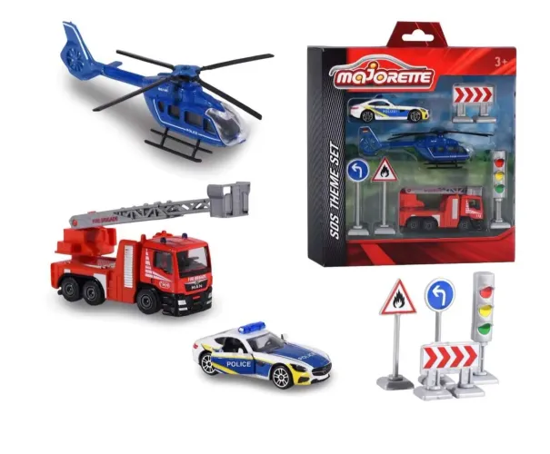 Playset 3 Veículos Emergência Polícia Bombeiro Viatura Caminhão Helicóptero Majorette 1:64