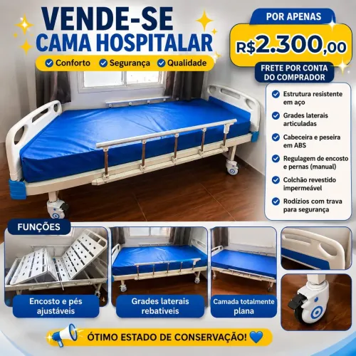 Cama Hospitalar Manual Aço Resistente 120kg + Colchão Hospitalar Espuma D45 88x188x20cm