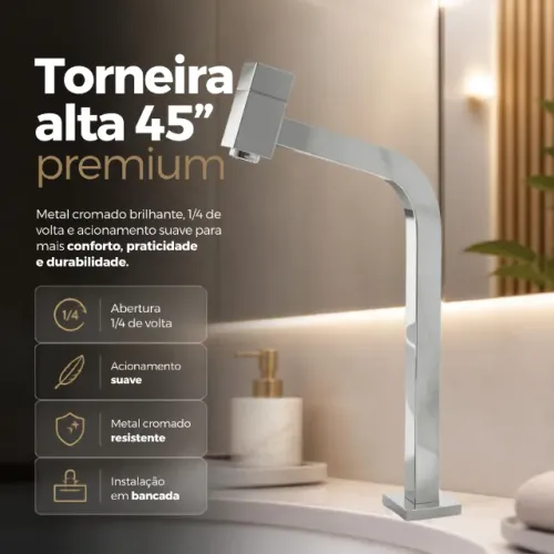 Torneira de Mesa para Pia e Cuba Alta em Aço Inox Cromado Água Fria 1/4 de Volta _ SCS37