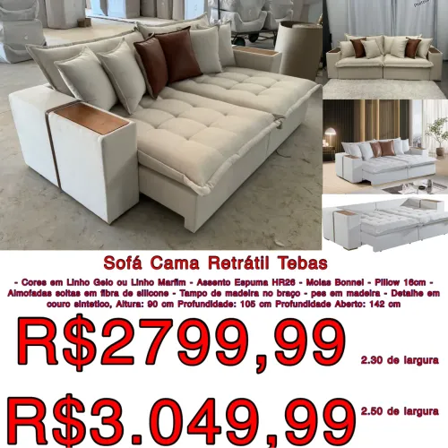 Sofá cama casal  Tebas Gabriela 2.50m em linho  / frete grátis  / pague na entrega 