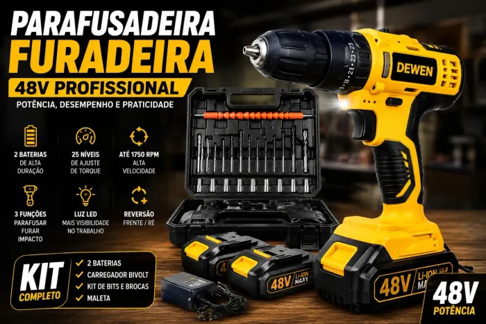Parafusadeira/Furadeira 48V DEWEN - 2 Baterias + Kit Completo