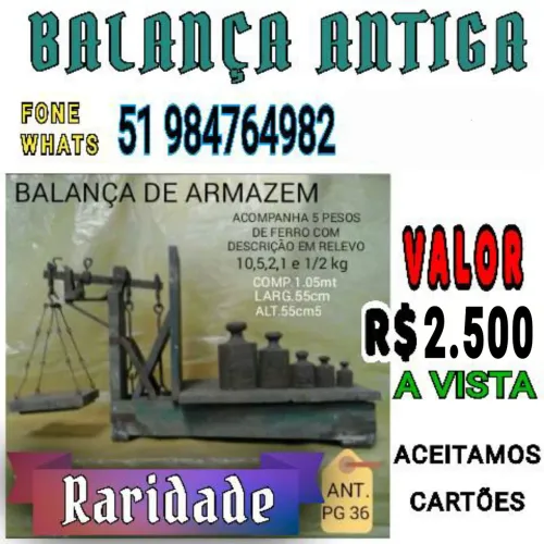 BALANÇA DE ARMAZEM ANTIGA RARÍSSIMA COM MAIS DE 80 ANOS COM 5 PESOS DE FERRO