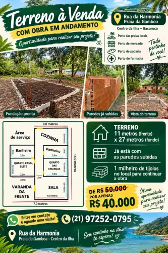 TERRENO COM OBRA EM ANDAMENTO NA ILHA DE ITACURUÇÁ 11x27!