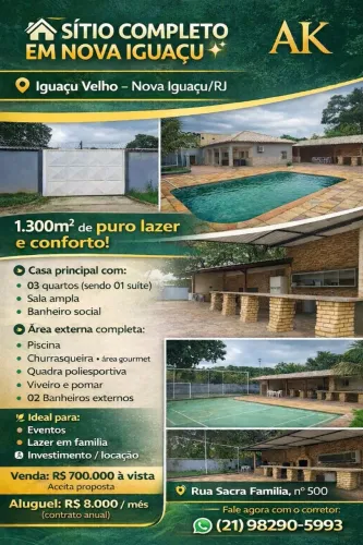 Vendo sítio 1.200m². Bairro: Iguaçu velho, Nova Iguaçu/RJ