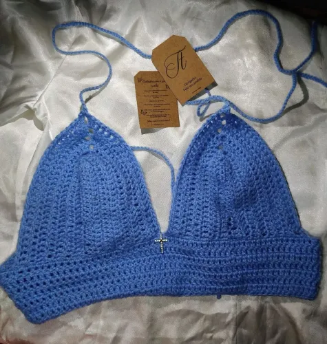 Top de Crochê Feminino Azul Tamanho M - Feito à Mão / Pronta Entrega
