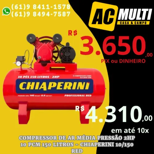 Compressor de ar média pressão 10 pcm 150 litros Chiaperini 10/150 RED