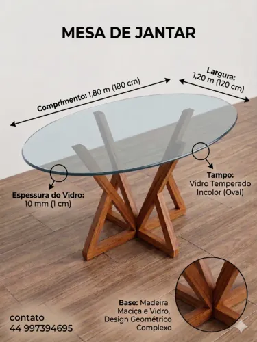 Mesa de Jantar Oval de Vidro 1.80x1.20m