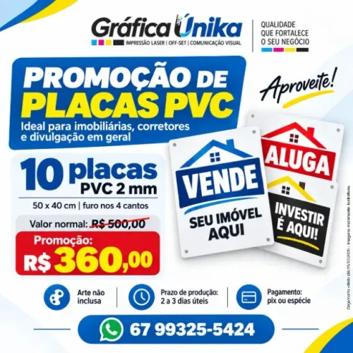 Placas em PVC 50x40 cm para Imobiliária | Kit com 10