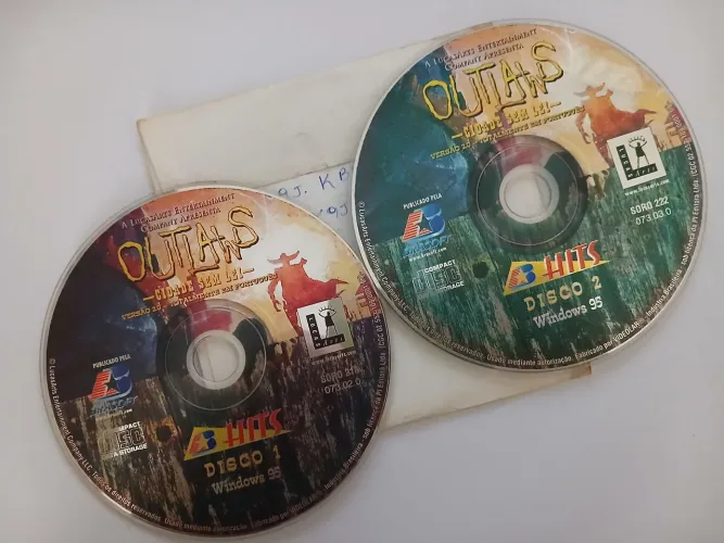 Antigo jogo para PC original Outlaws, 2 discos