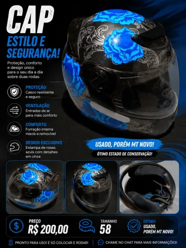 Capacete Azul Floral Tam. 58. Usado, porém muito novo!