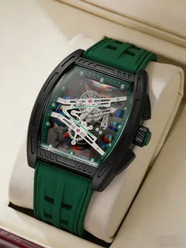 (NOVO) - Relógio Tonneau Elegante de Pulso Verde - Pulseira de Silicone