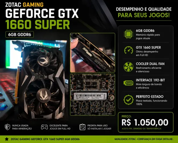 Placa de Vídeo NVIDIA GeForce GTX 1660 - Excelente Estado!