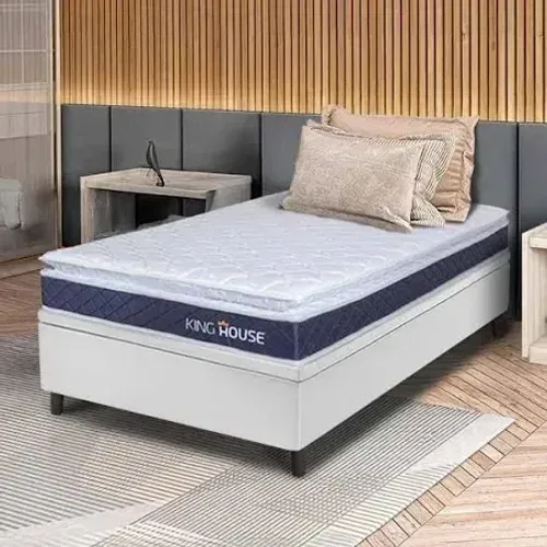 Colchão Solteiro D20 branco/azul + Cama Base Baú Solteiro branco