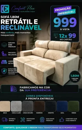 Sofá 1.80m retrátil e reclinável.