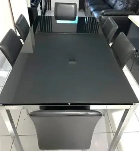 MESA DE JANTAR TAMPO DE VIDRO FUMÊ RETANGULAR - 06 CADEIRAS EM COURO