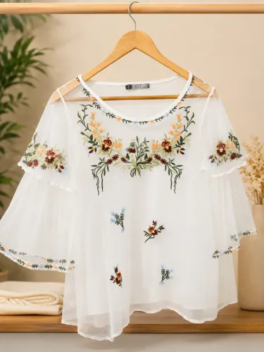 Blusa Feminina Bordada em Tule Branco | Manga Flare | Delicada e Elegante
