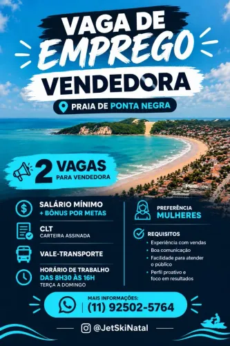 VAGA DE EMPREGO - VENDEDORA | JET SKI NATAL