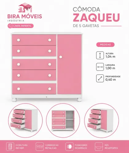 zaqueu Cômoda Sapateira Branco e Preto 5 Gavetas - branco com rosa