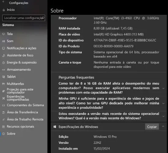 Computador Positivo Master D380 Intel(R) Core(TM) i3-4160 CPU @ 3.60GHz