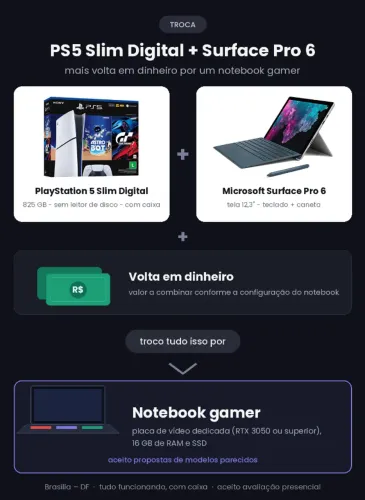 Troco PS5 Slim Digital + Surface Pro 6 + volta por notebook gamer