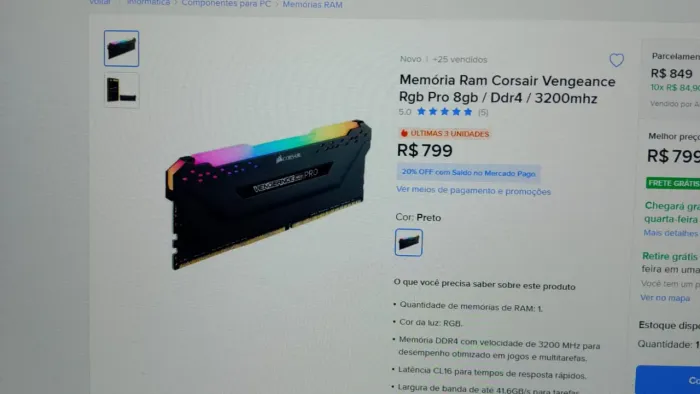 Memória dd4 cosair 3200 de 8gb