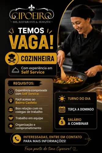 VAGA PARA COZINHEIRA/ ou AUXILIAR QUE TENHA EXPERIÊNCIA 