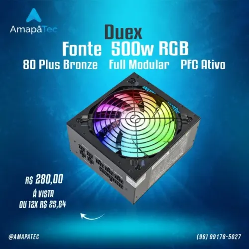 Fonte Duex RGB 500W 80 Plus Bronze Full Modular PFC Ativo