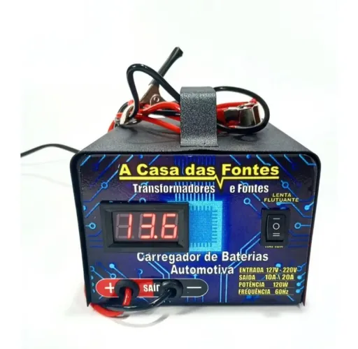 Carregador veicular turbo rápido 20 amperes hora com voltímetro casa das fontes