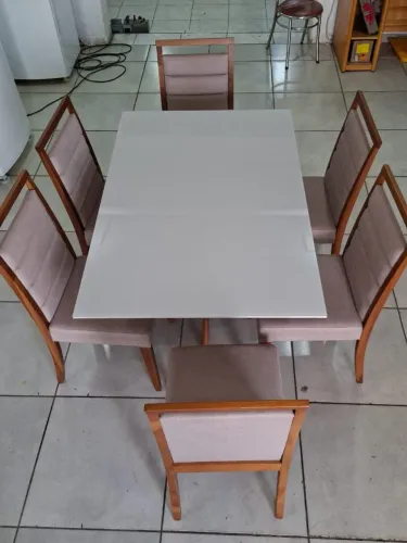 MESA DE JANTAR OFF WHITE 6 CADEIRAS MADEIRA MACIÇA 6 MESES DE USO