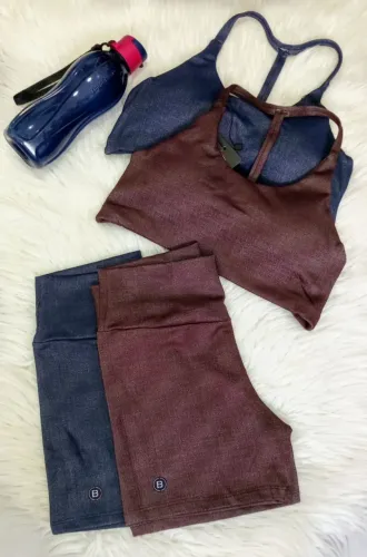 Conjunto de Top e Shorts Esportivo - Azul e Marrom