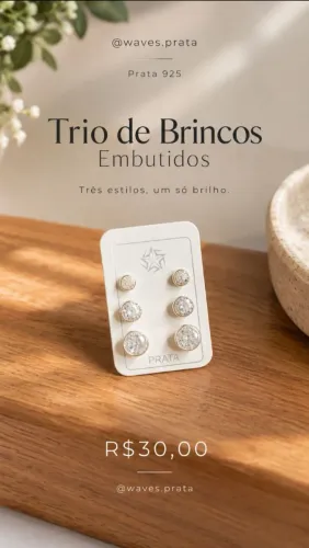 Trio de Brincos Embutidos Prata 925