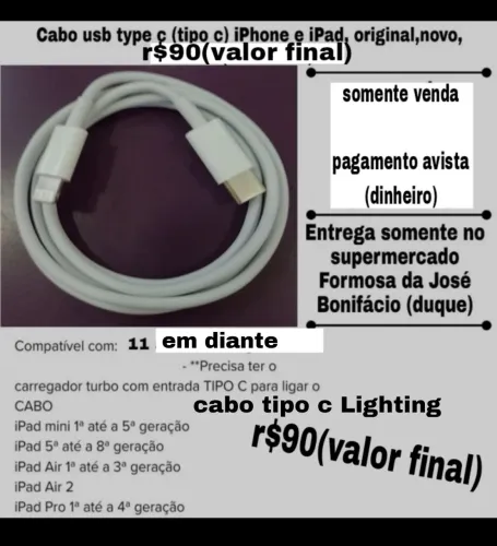 Cabo usb iPhone Lighting original Apple turbo tipo c novo r$90(valor final)