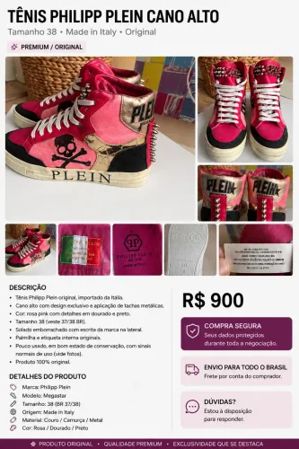     Tênis Philipp Plein Original Cano Alto Rosa Tam 38