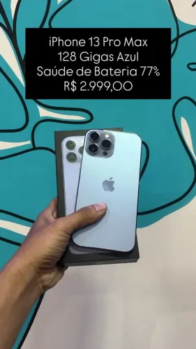 iPhone 13 Pro Max / 128GB / Azul / Saúde de bateria 77% / R$ 2.999,00