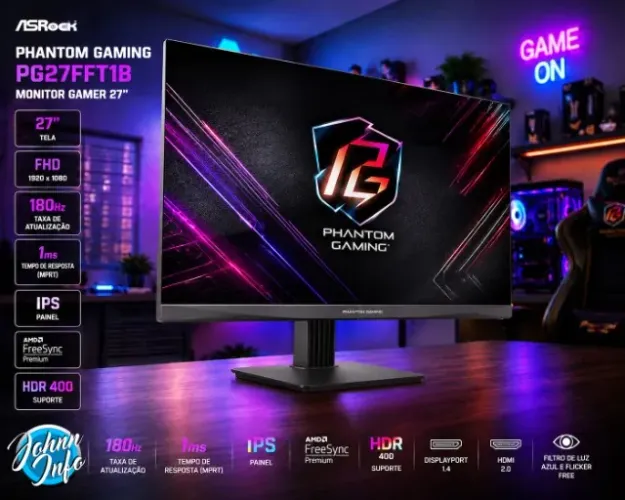 Monitor Gamer ASRock Phantom 27", FHD, 180Hz, 1ms, IPS, FreeSync Premium HDR 400