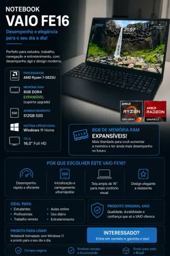 Notbook VAIO FE16 AMD Ryzen 7-5825U ,windows 11 , 8GB RAM ,512 GB SSD