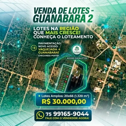 Lotes de 20x66 1.320m² no Loteamento Guanabara 2 - Região que Mais Cresce!