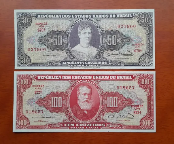 Cédulas de Cruzeiros 50 roxa e 100 vermelha