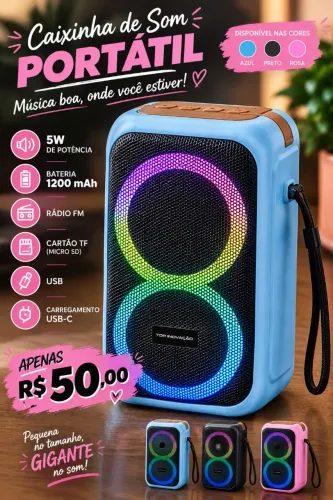 Caixinha de som, cores: rosa, azul e preta