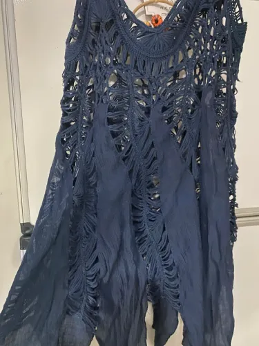 Saída de banho crochê com bordas azul escuro M