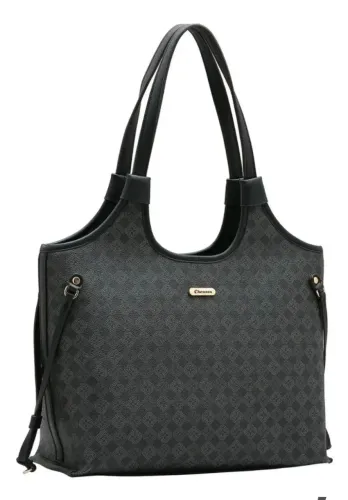 Bolsa Tote Feminina Chenson de Couro Preto Com Monograma Dourado